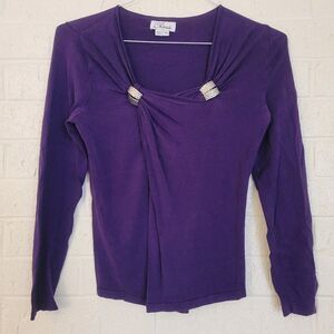 chaus purple silk cross neck sweater w/ silver accents